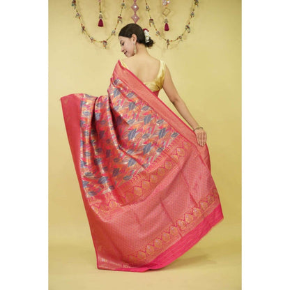 Isadora Life Womens Floral Zari Pink Pre-Draped Saree With Unstitched Blouse