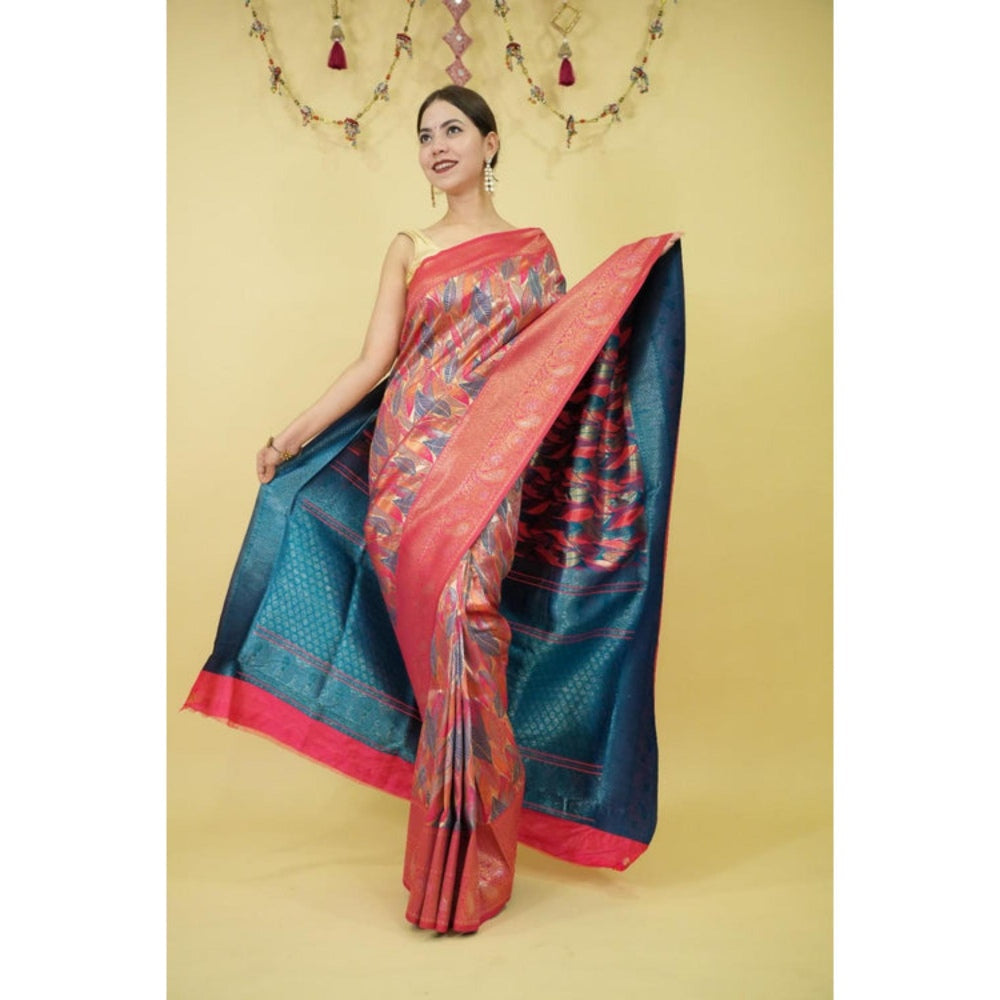 Isadora Life Womens Floral Zari Pink Pre-Draped Saree With Unstitched Blouse