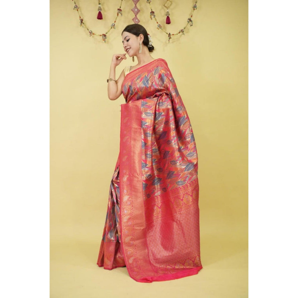 Isadora Life Womens Floral Zari Pink Pre-Draped Saree With Unstitched Blouse