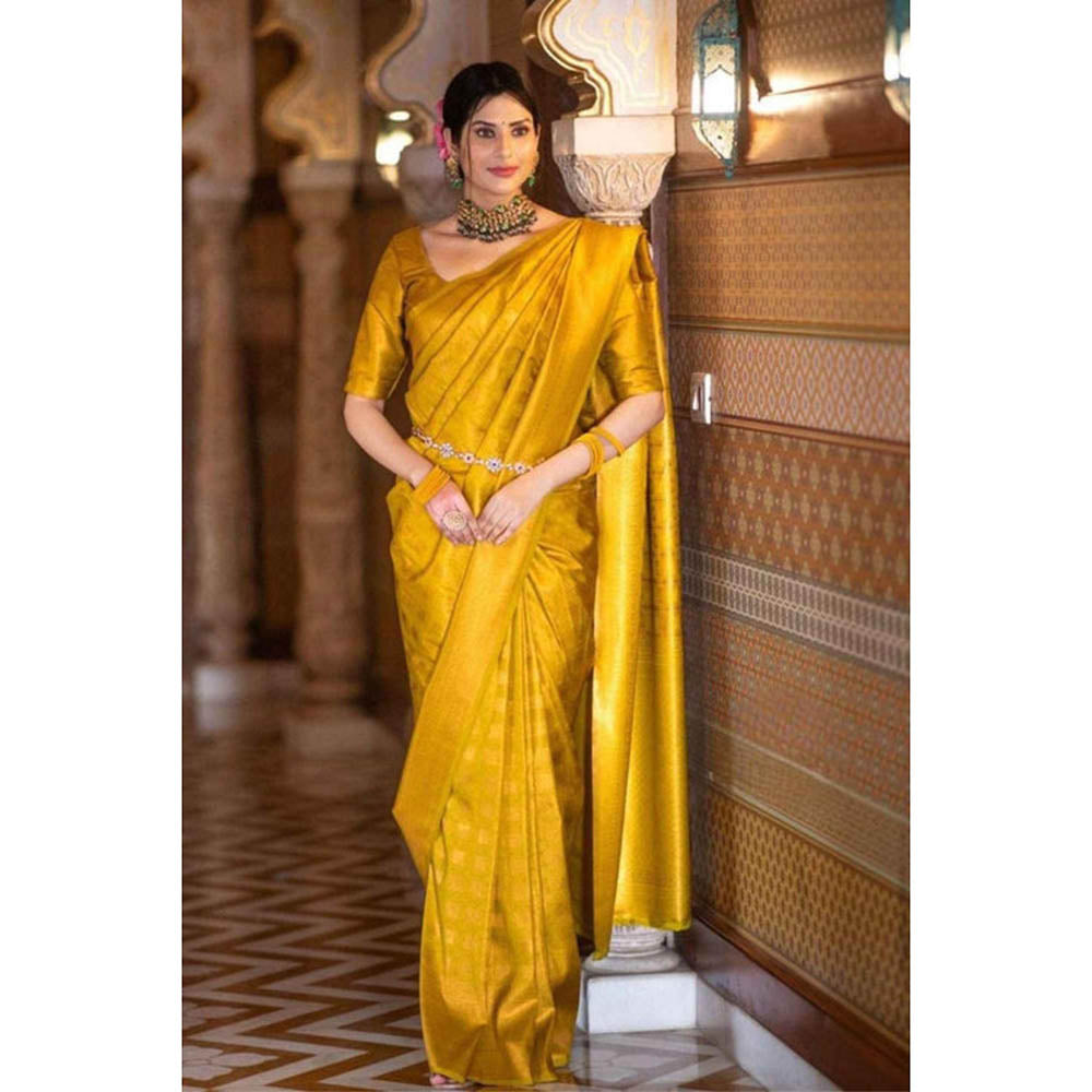 Isadora Life Womens Woven Zari Yellow Pre-Draped Saree With Unstitched Blouse