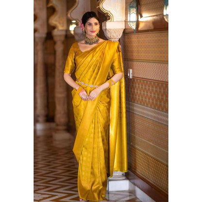 Isadora Life Womens Woven Zari Yellow Pre-Draped Saree With Unstitched Blouse