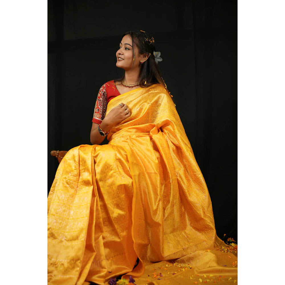 Isadora Life Womens Woven Zari Yellow Pre-Draped Saree With Unstitched Blouse