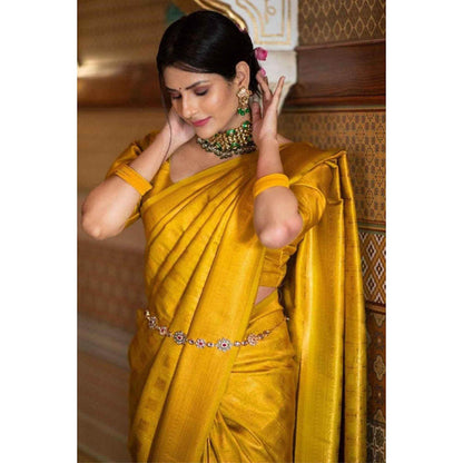 Isadora Life Womens Woven Zari Yellow Pre-Draped Saree With Unstitched Blouse