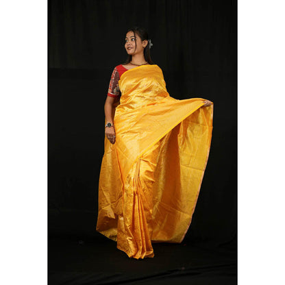 Isadora Life Womens Woven Zari Yellow Pre-Draped Saree With Unstitched Blouse