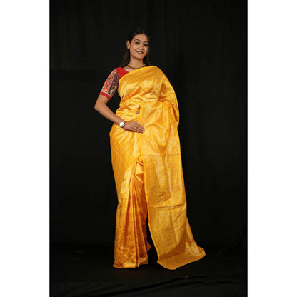 Isadora Life Womens Woven Zari Yellow Pre-Draped Saree With Unstitched Blouse