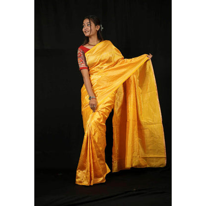 Isadora Life Womens Woven Zari Yellow Pre-Draped Saree With Unstitched Blouse