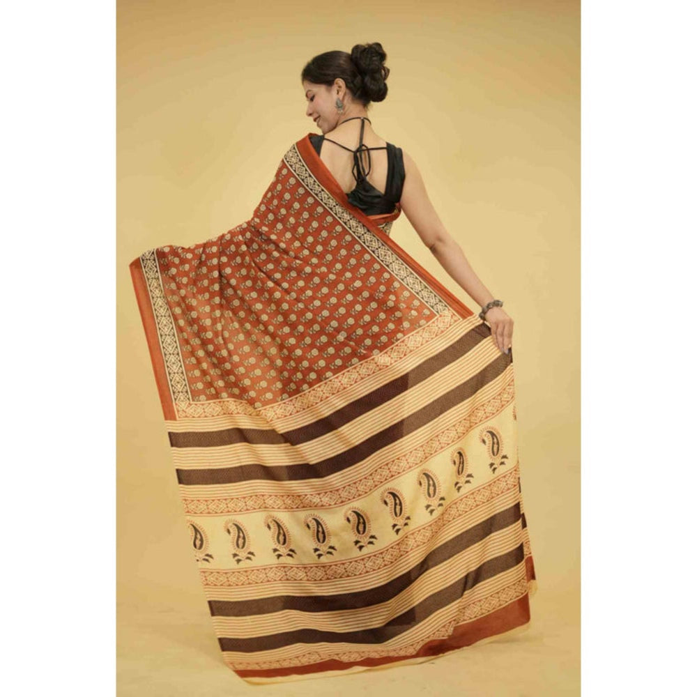 Isadora Life Womens Floral Printed Brown Pre-Draped Saree With Unstitched Blouse