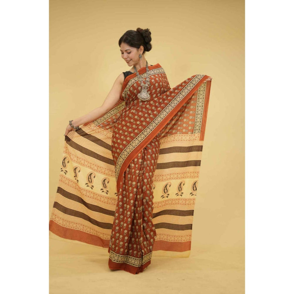 Isadora Life Womens Floral Printed Brown Pre-Draped Saree With Unstitched Blouse