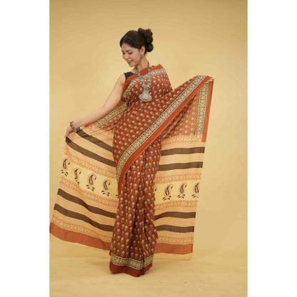 Isadora Life Womens Floral Printed Brown Pre-Draped Saree With Unstitched Blouse
