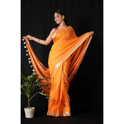 Isadora Life Womens Solid Tassels Orange Pre-Draped Saree With Unstitched Blouse