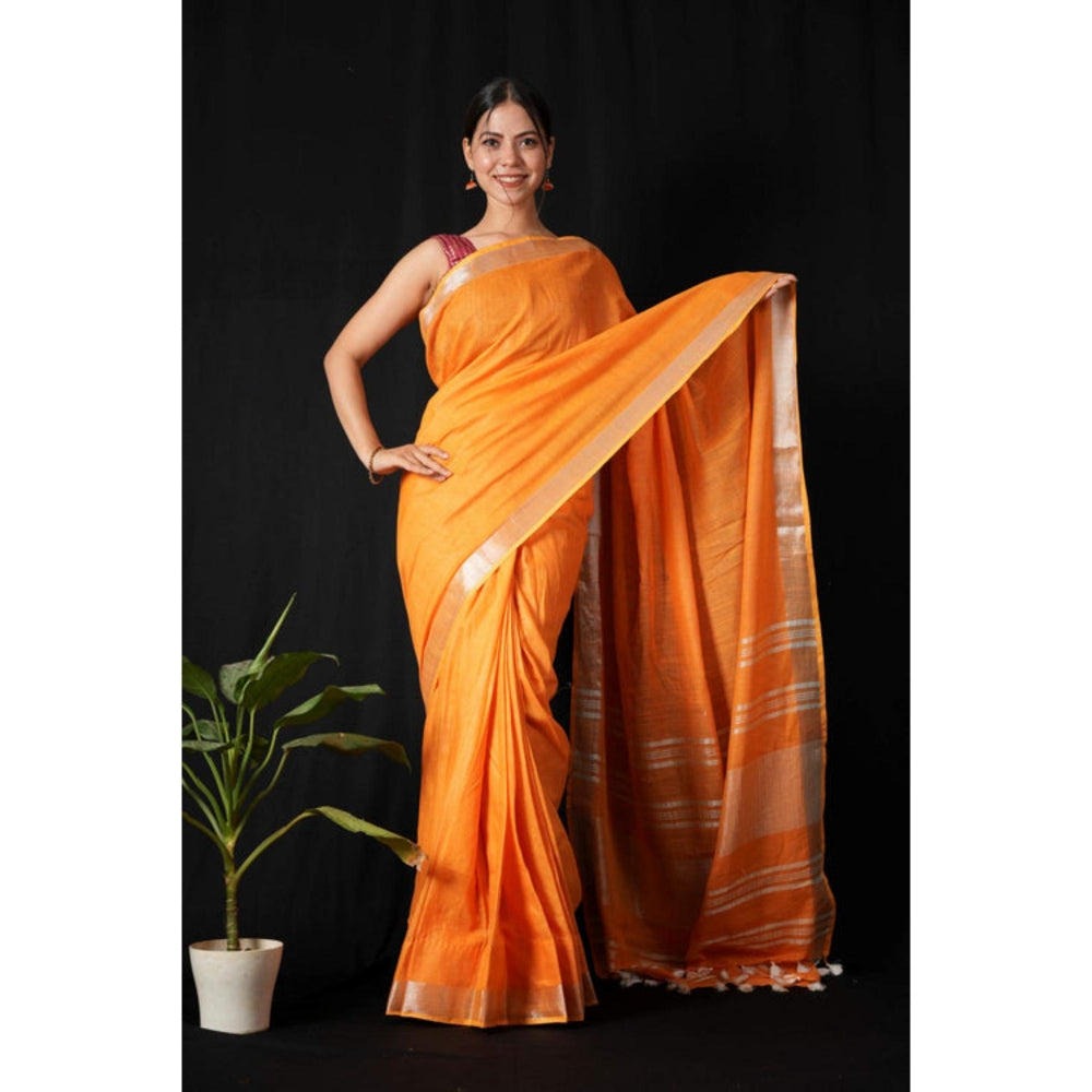 Isadora Life Womens Solid Tassels Orange Pre-Draped Saree With Unstitched Blouse