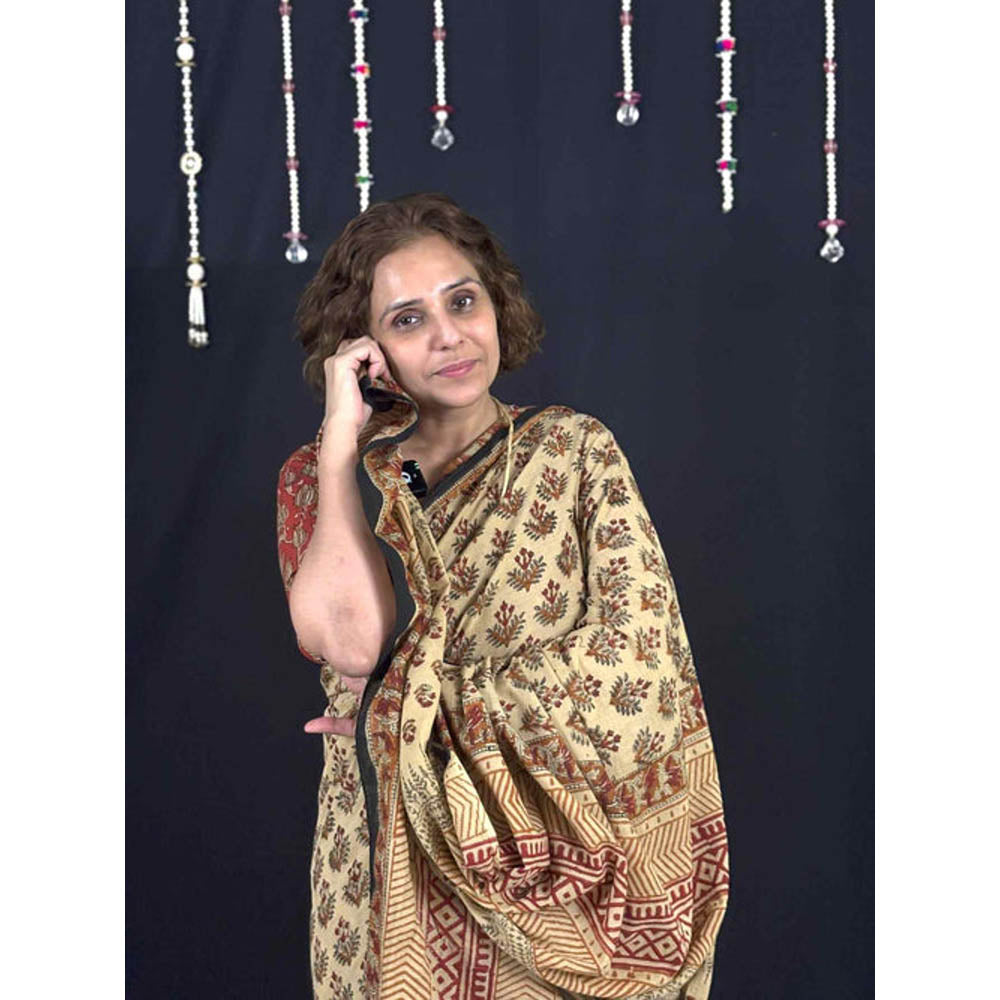 Isadora Life Womens Block Print Beige Pre-Draped Saree With Unstitched Blouse