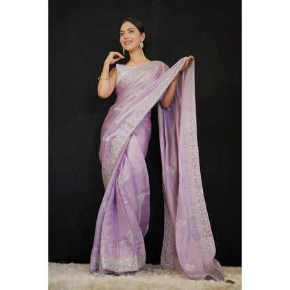 Isadora Life Womens Embroidered Sequined Lavender Pre-Draped Saree With Unstitched Blouse