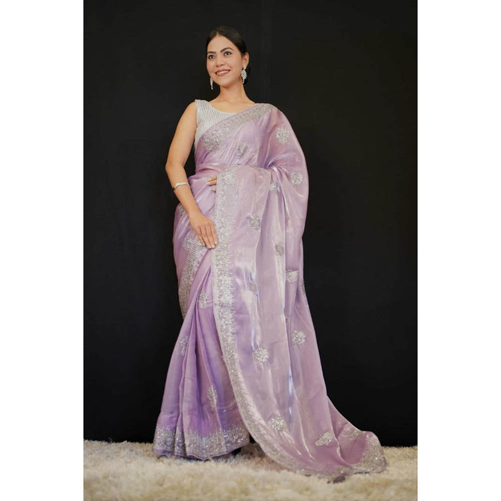 Isadora Life Womens Embroidered Sequined Lavender Pre-Draped Saree With Unstitched Blouse