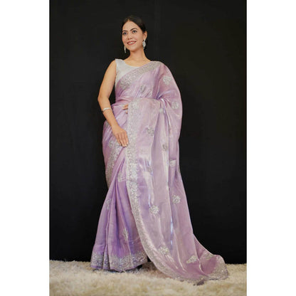 Isadora Life Womens Embroidered Sequined Lavender Pre-Draped Saree With Unstitched Blouse