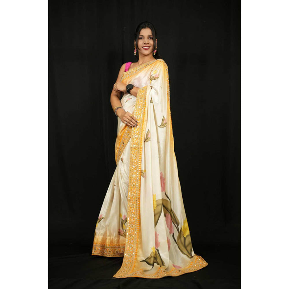 Isadora Life Womens Floral Embroidered Ivory Pre-Draped Saree With Unstitched Blouse