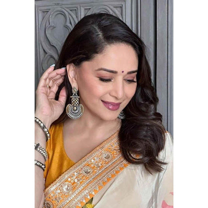 Isadora Life Womens Floral Embroidered Ivory Pre-Draped Saree With Unstitched Blouse