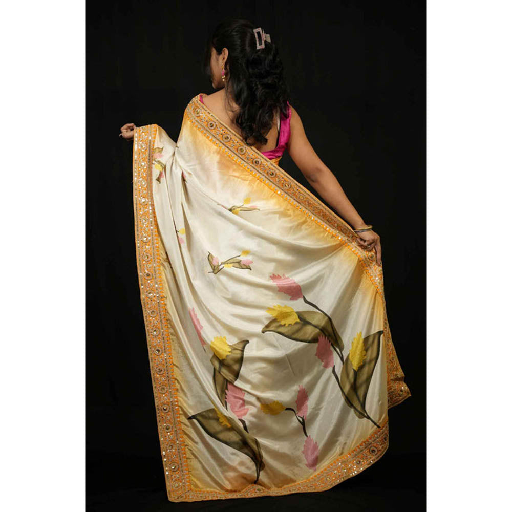 Isadora Life Womens Floral Embroidered Ivory Pre-Draped Saree With Unstitched Blouse