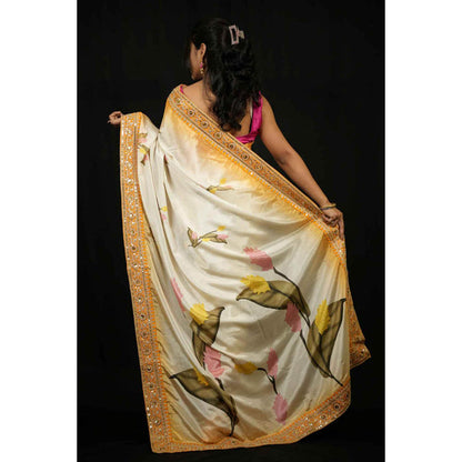 Isadora Life Womens Floral Embroidered Ivory Pre-Draped Saree With Unstitched Blouse