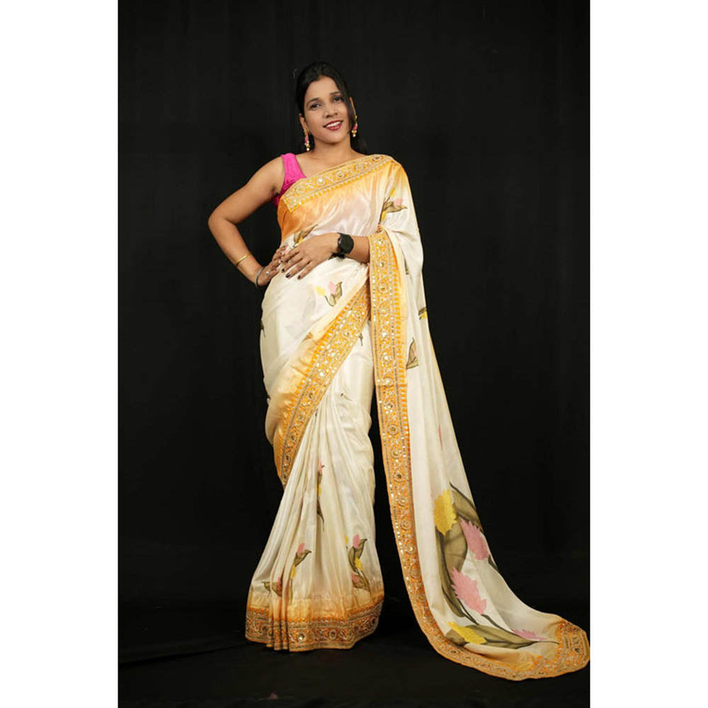 Isadora Life Womens Floral Embroidered Ivory Pre-Draped Saree With Unstitched Blouse