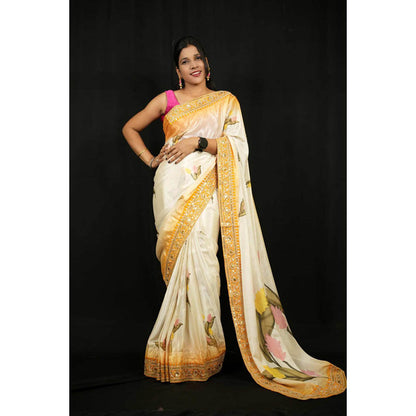 Isadora Life Womens Floral Embroidered Ivory Pre-Draped Saree With Unstitched Blouse