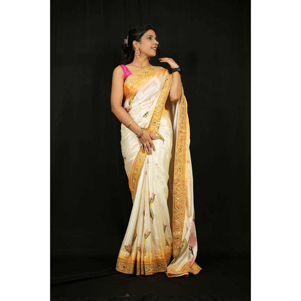 Isadora Life Womens Floral Embroidered Ivory Pre-Draped Saree With Unstitched Blouse