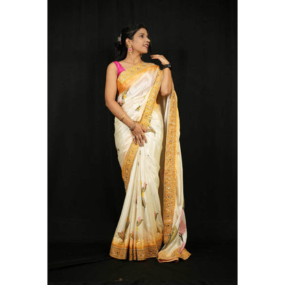 Isadora Life Womens Floral Embroidered Ivory Pre-Draped Saree With Unstitched Blouse