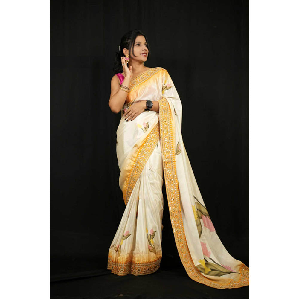 Isadora Life Womens Floral Embroidered Ivory Pre-Draped Saree With Unstitched Blouse