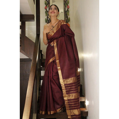Isadora Life Womens Woven Zari Maroon Pre-Draped Saree With Unstitched Blouse