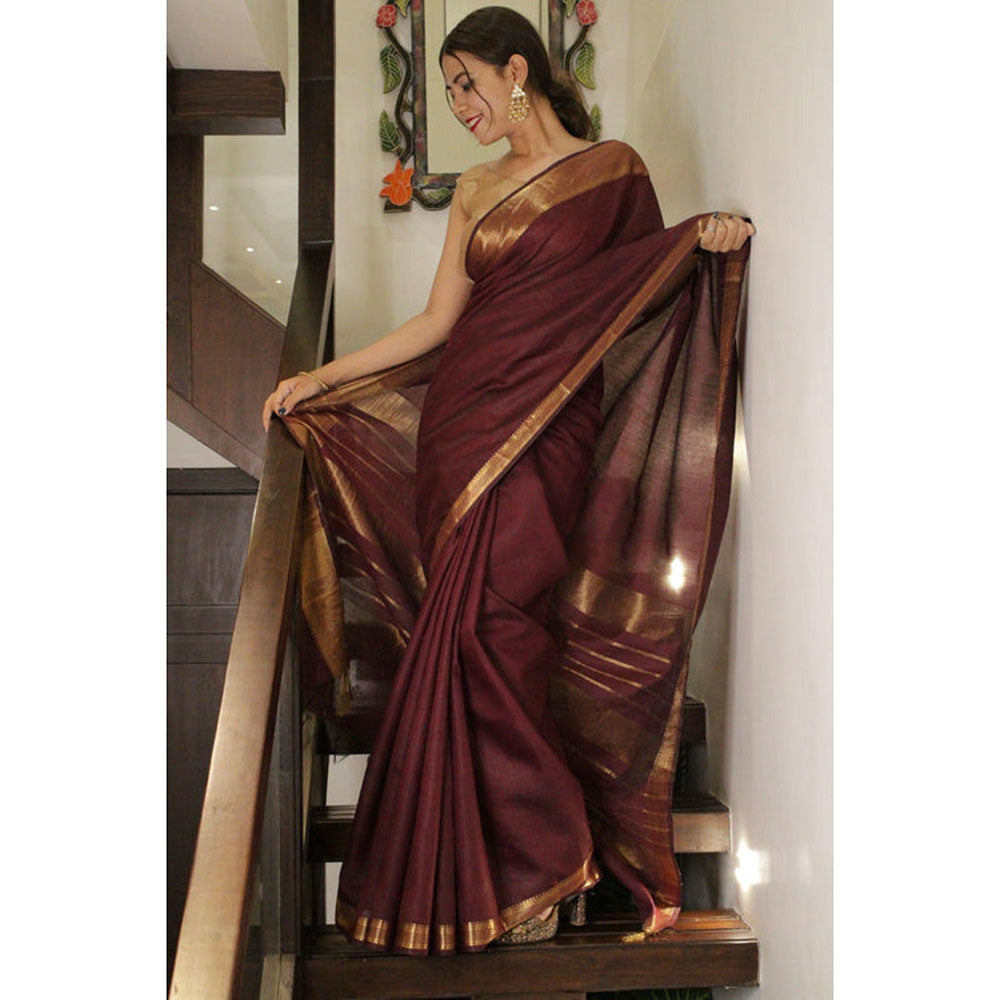 Isadora Life Womens Woven Zari Maroon Pre-Draped Saree With Unstitched Blouse