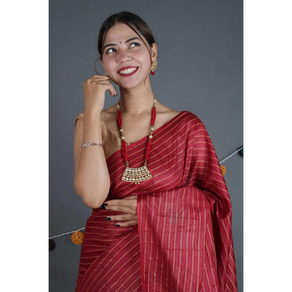 Isadora Life Womens Stripes Tassels Maroon Pre-Draped Saree With Unstitched Blouse