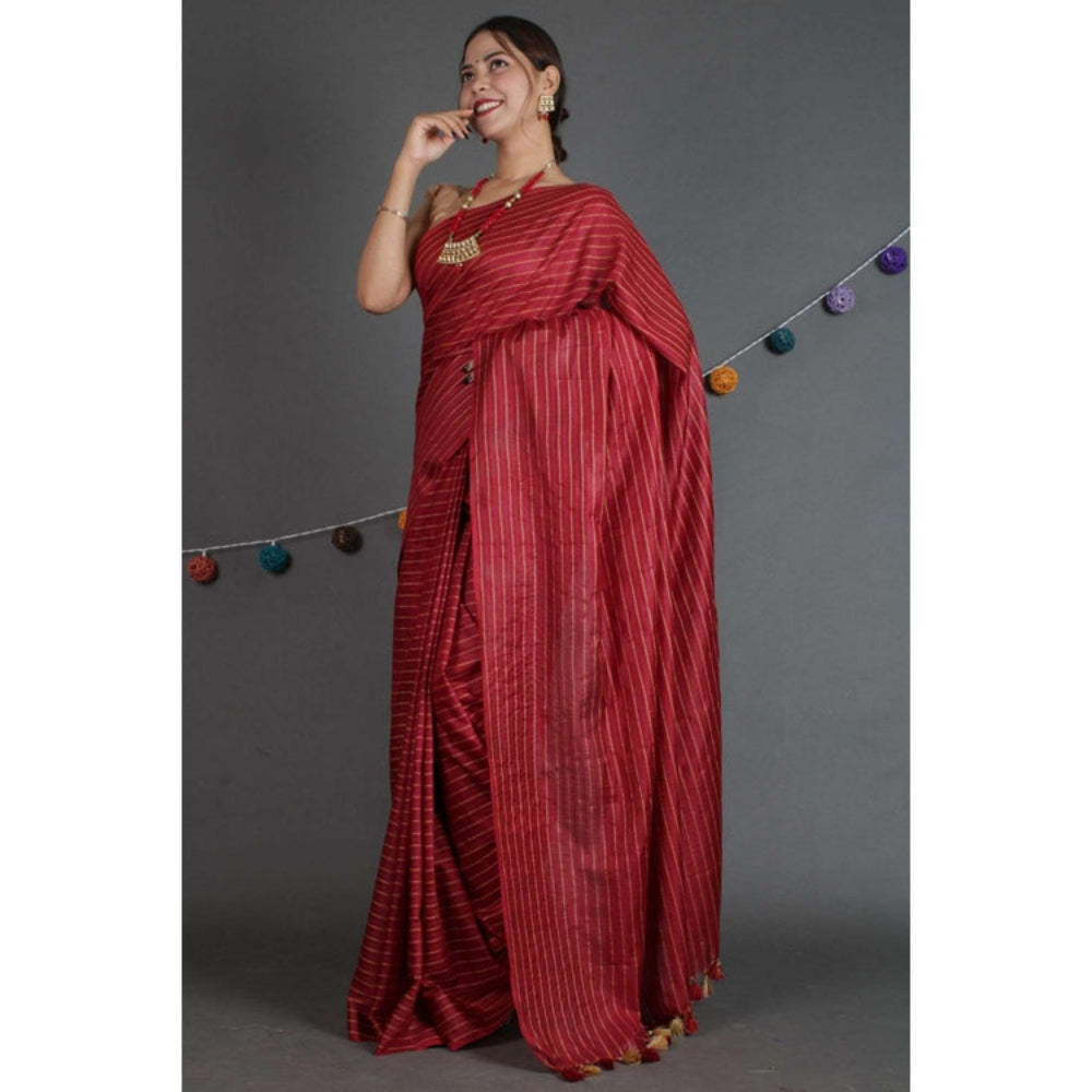 Isadora Life Womens Stripes Tassels Maroon Pre-Draped Saree With Unstitched Blouse