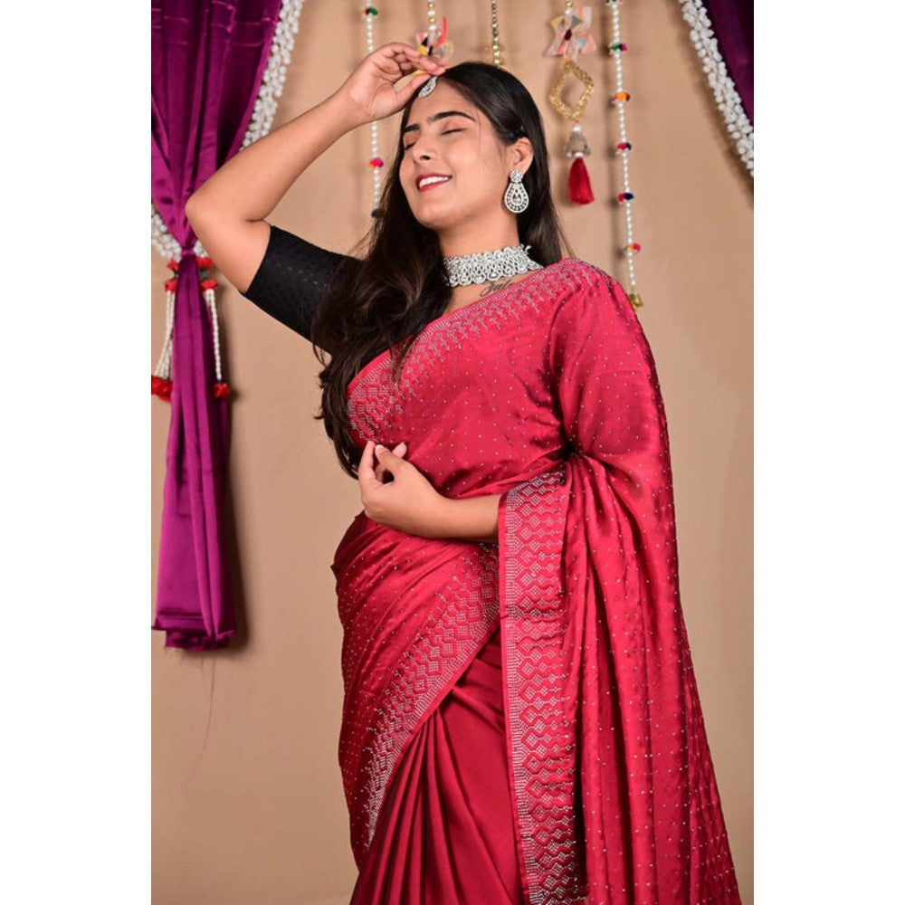 Isadora Life Womens Beads Sequined Red Pre-Draped Saree With Unstitched Blouse