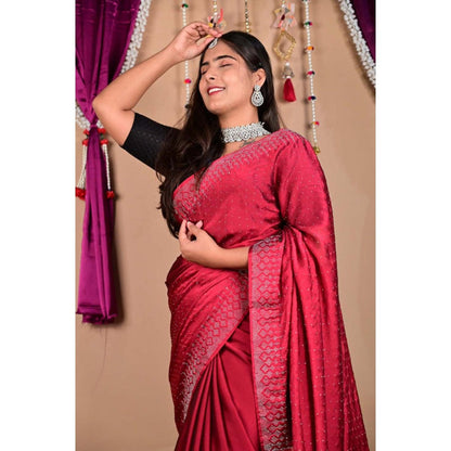 Isadora Life Womens Beads Sequined Red Pre-Draped Saree With Unstitched Blouse