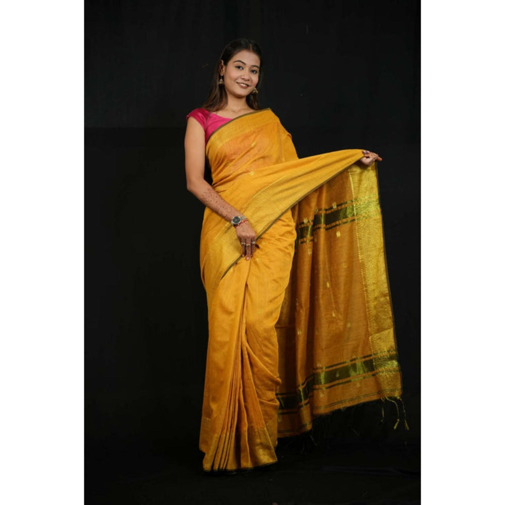 Isadora Life Womens Woven Zari Yellow Pre-Draped Saree With Unstitched Blouse