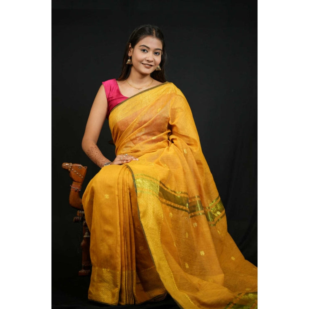 Isadora Life Womens Woven Zari Yellow Pre-Draped Saree With Unstitched Blouse