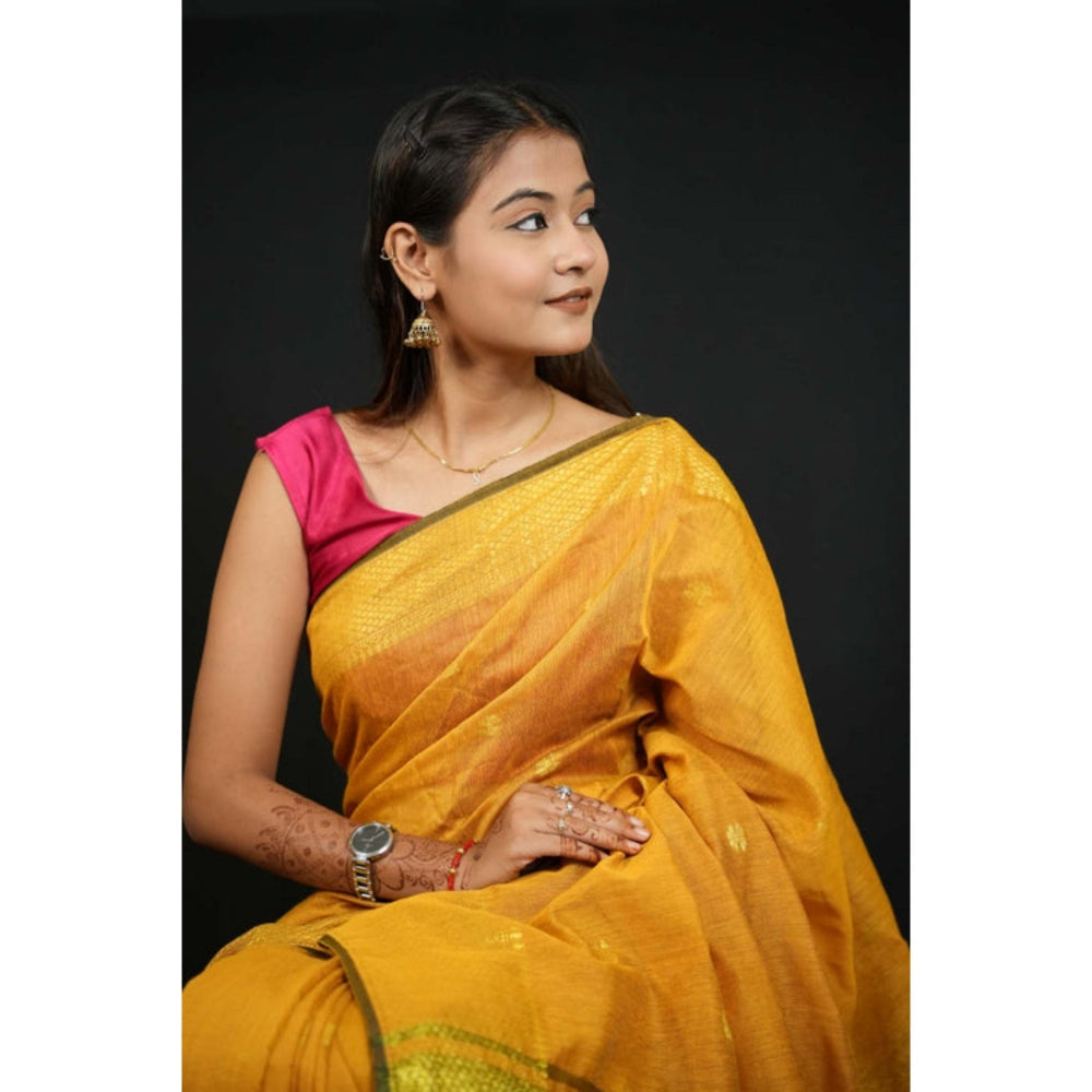 Isadora Life Womens Woven Zari Yellow Pre-Draped Saree With Unstitched Blouse