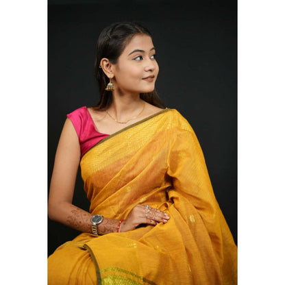 Isadora Life Womens Woven Zari Yellow Pre-Draped Saree With Unstitched Blouse