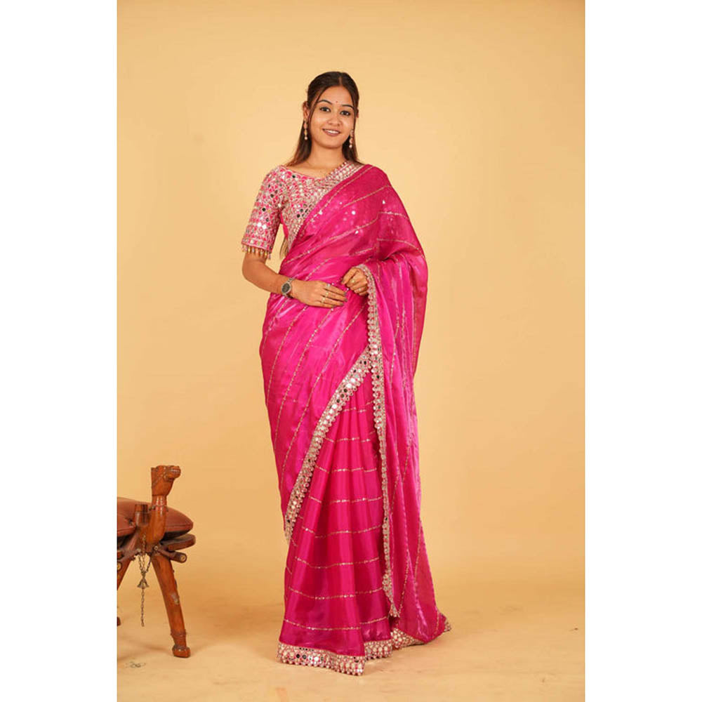 Isadora Life Womens Sequined Mirror Work Pink Pre-Draped Saree With Unstitched Blouse