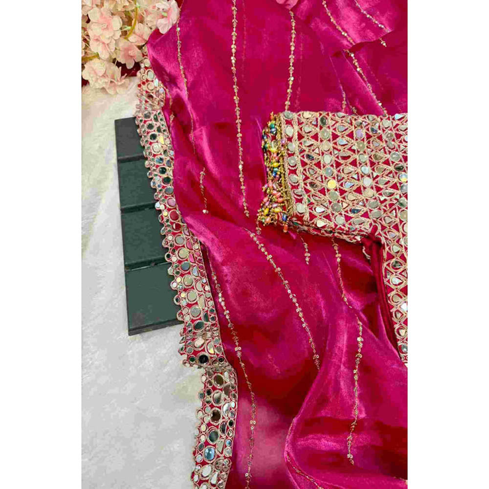Isadora Life Womens Sequined Mirror Work Pink Pre-Draped Saree With Unstitched Blouse