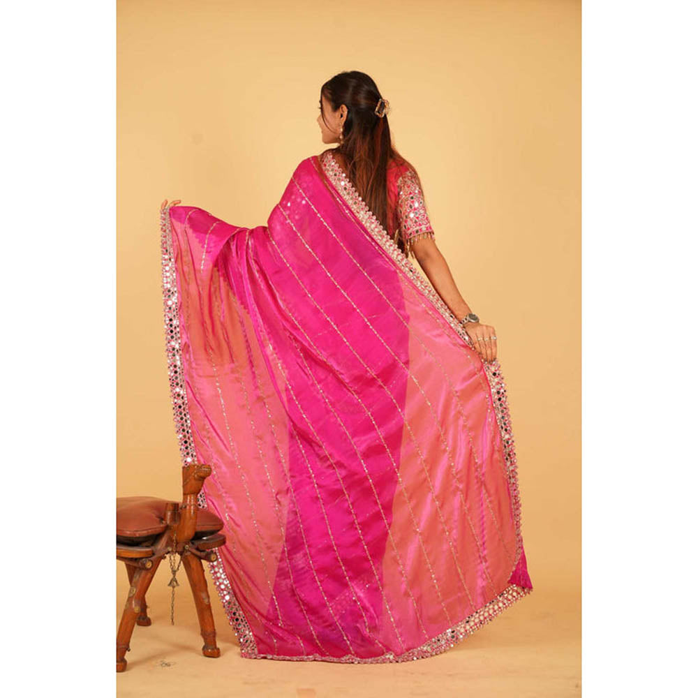 Isadora Life Womens Sequined Mirror Work Pink Pre-Draped Saree With Unstitched Blouse