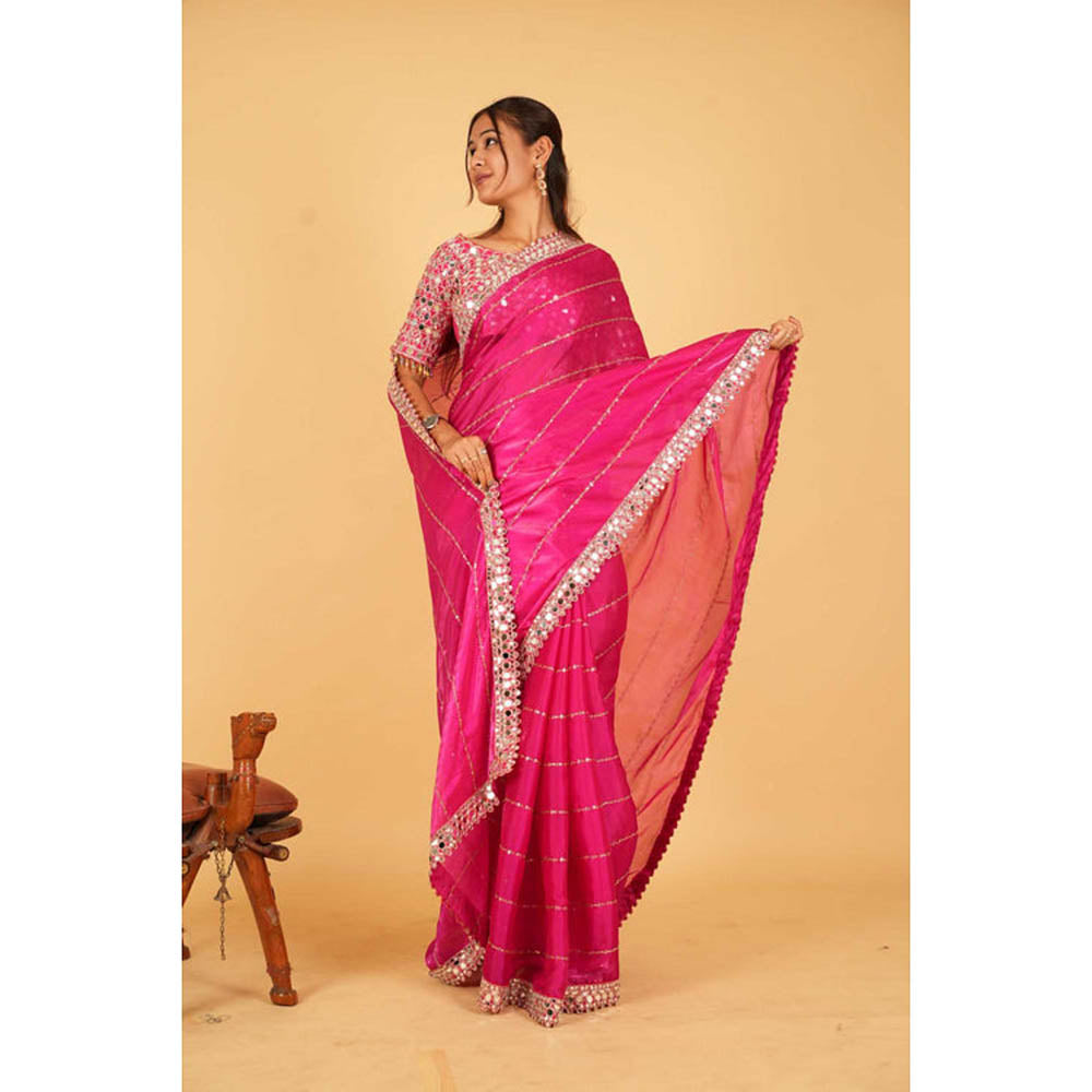 Isadora Life Womens Sequined Mirror Work Pink Pre-Draped Saree With Unstitched Blouse