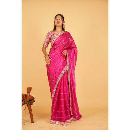 Isadora Life Womens Sequined Mirror Work Pink Pre-Draped Saree With Unstitched Blouse