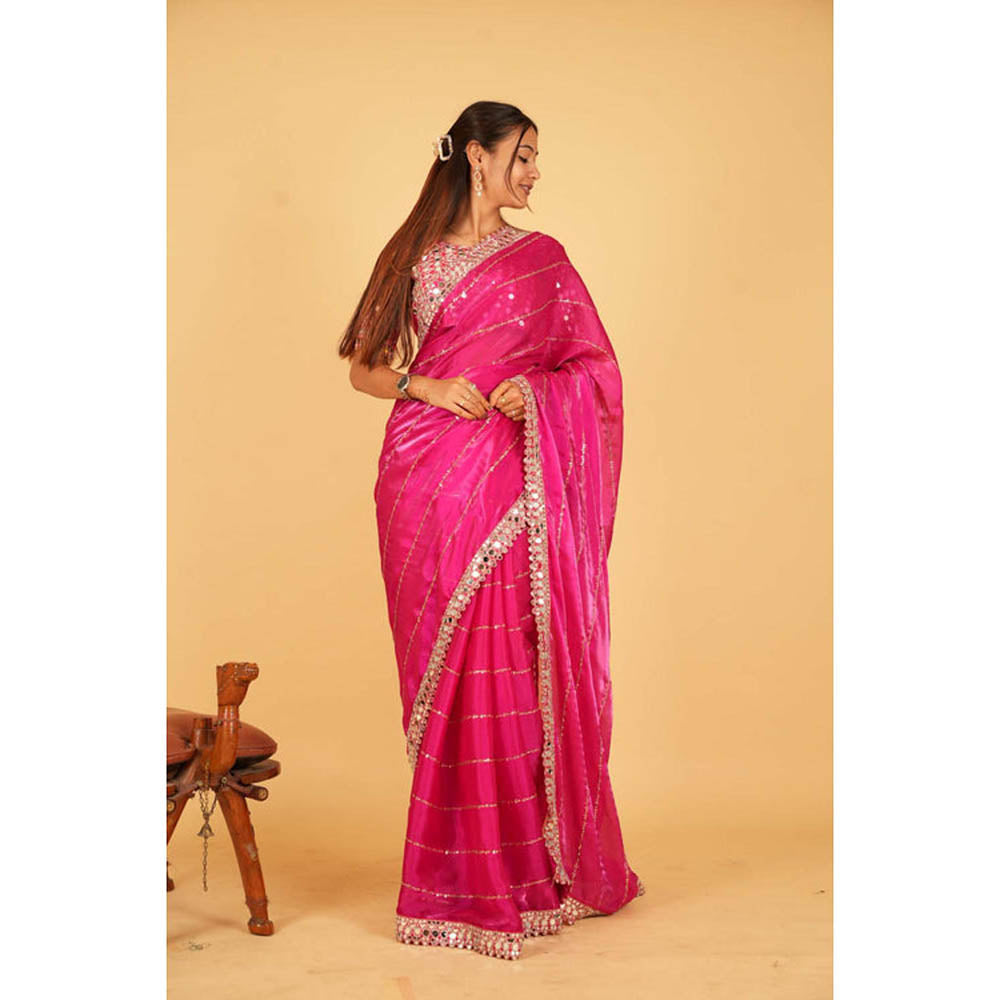 Isadora Life Womens Sequined Mirror Work Pink Pre-Draped Saree With Unstitched Blouse