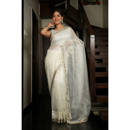 Isadora Life Womens Sequined Mirror Work White Pre-Draped Saree With Unstitched Blouse