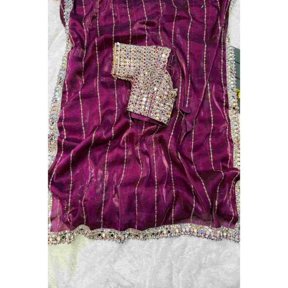 Isadora Life Womens Sequined Mirror Work Purple Pre-Draped Saree With Unstitched Blouse