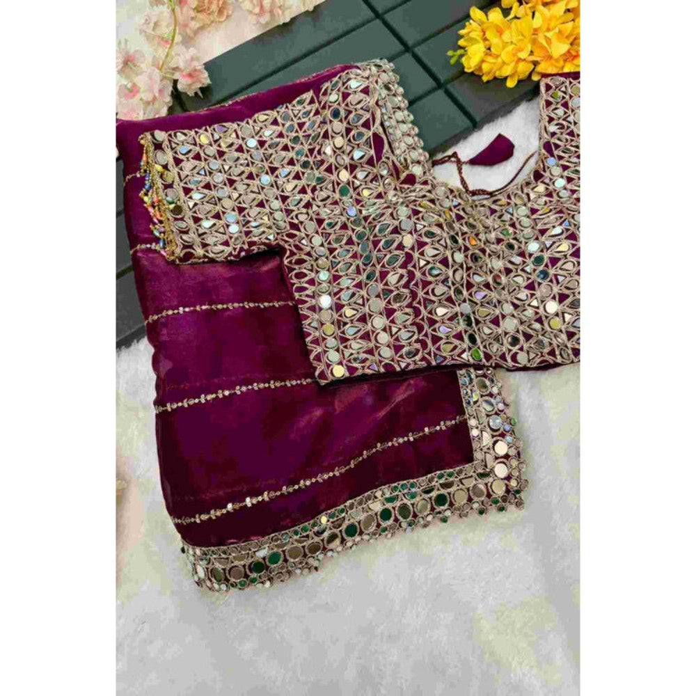 Isadora Life Womens Sequined Mirror Work Purple Pre-Draped Saree With Unstitched Blouse