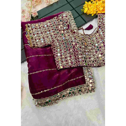 Isadora Life Womens Sequined Mirror Work Purple Pre-Draped Saree With Unstitched Blouse