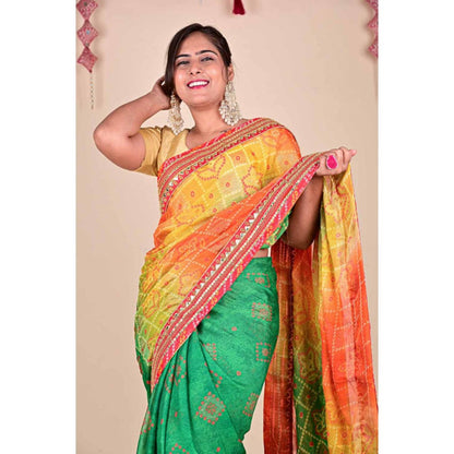 Isadora Life Womens Printed Gota Multi-Color Pre-Draped Saree With Unstitched Blouse