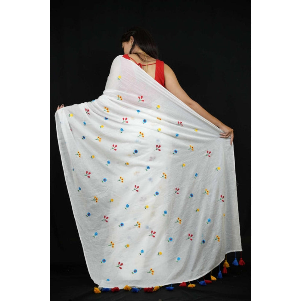 Isadora Life Womens Embroidered Tassels White Pre-Draped Saree With Unstitched Blouse